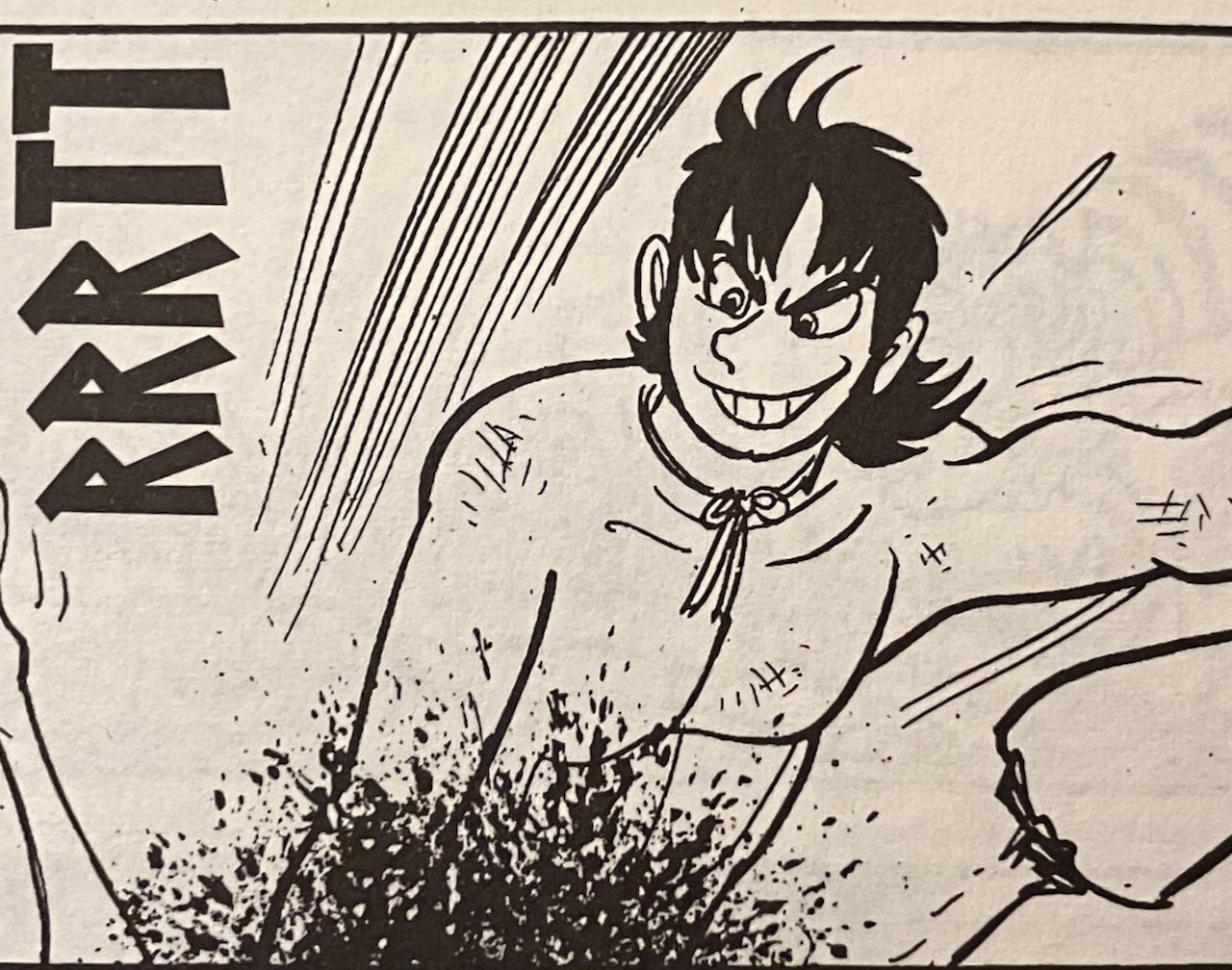 manga drawing of Tatta tearing something apart, he grins widely