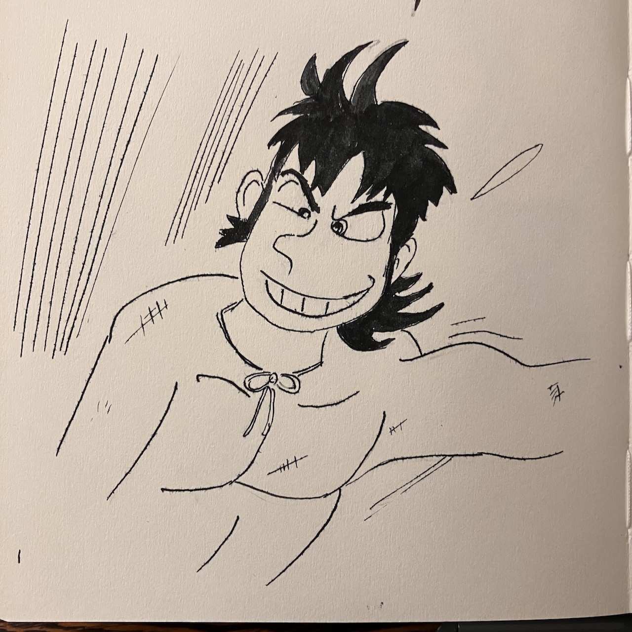ink drawing of Tatta tearing something apart, he grins widely