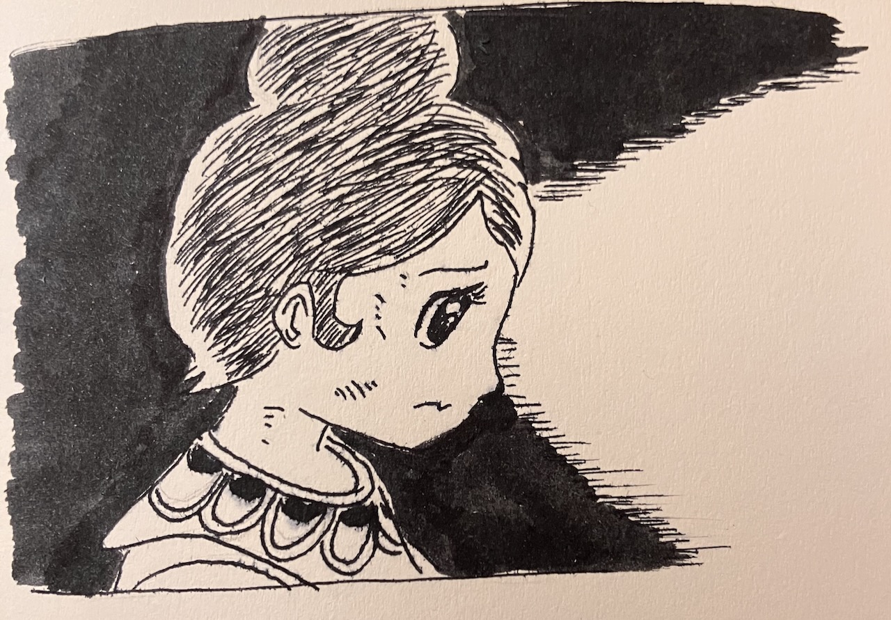 ink drawing of Siddhartha looking sad