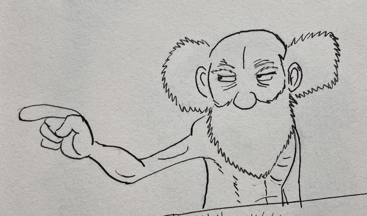 ink image of Siddhartha's spiritual guide pointing