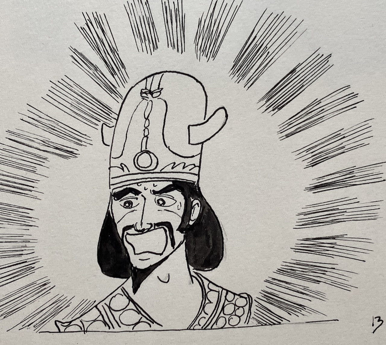 ink image of Buddha's father shouting