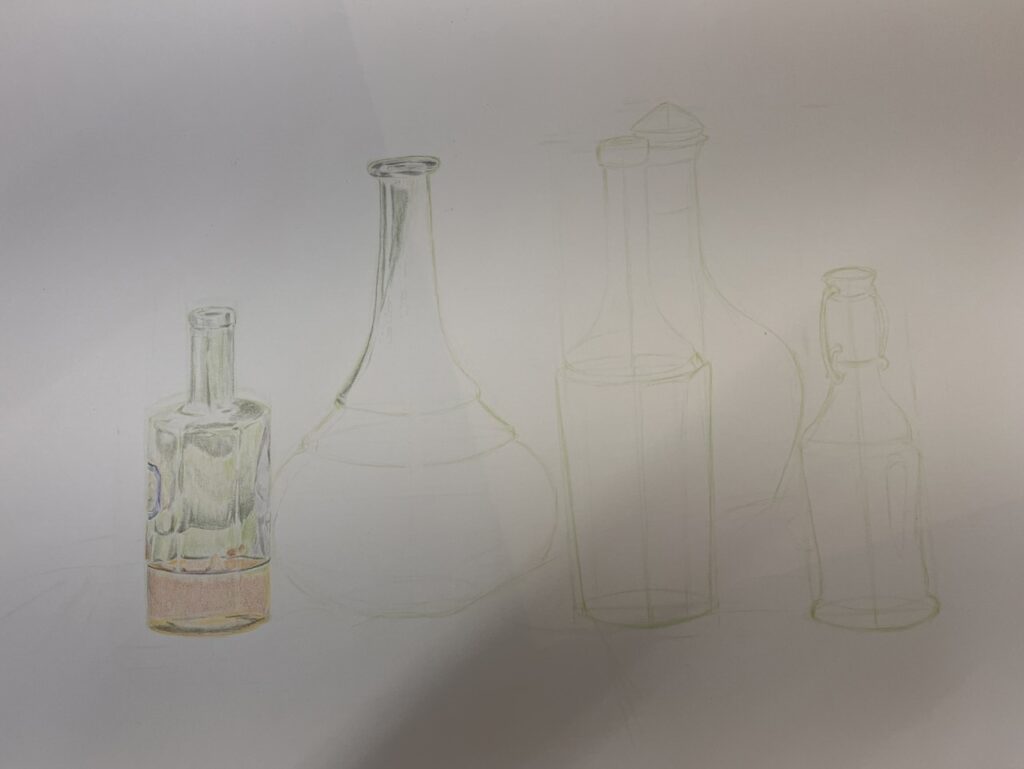 Sketch and hesitant first colour on the bottles on the left