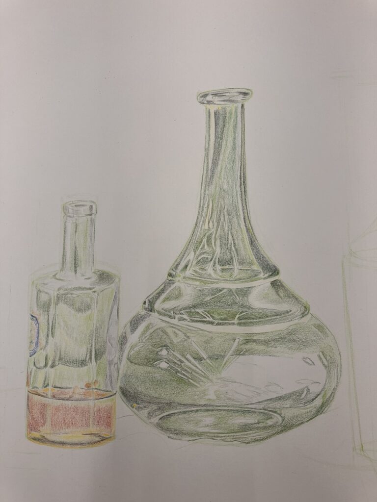 Close up of the drawing showing the reflection in the glass while the green background comes through