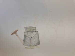 progress on a still life with chandelier, shell, glass bottles, wine glass and watering can