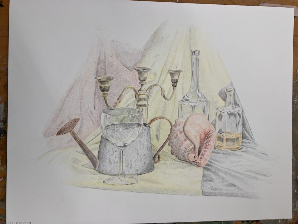 finished drawing of still life with various objects on a faded Belgian flag