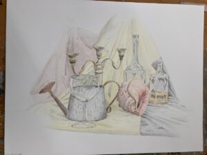 finished drawing of still life with various objects on a faded Belgian flag